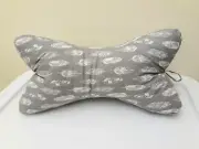 New Handmade Dog Bone Neck Pillow, 3 sided, Washable Fabric White Feathers Gray