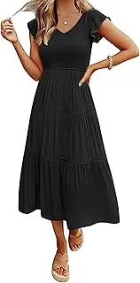 [MEROKEETY] Women's Flutter Sleeve Smocked Midi Dress V Neck Casual Tiered Dresses with Pockets