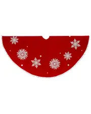 Gerson International Red And White Snowflake Christmas Pompoms Tree Skirt, Velvet