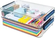2 Pcs Plastic Portable Project Case With Snap-Tight Latch Clear Stackable Storage Box With Lids Organizer Container For A4 File Photo Documents Scrapbook Craft Art Supplies(Blue)