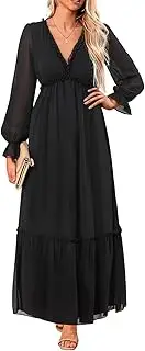 [Pinup Fashion] Fall Long Sleeve Maxi Dress - Casual Wedding Guest Boho Chiffon Deep V Neck Dresses