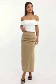 Beige Gathered Midi Skirt High Rise Bengaline Split - Size 16XL, Women's Midi Skirt