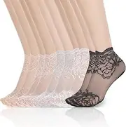 [YQQYG] 5 Pair Womens Lace Socks, Multicolor Lace Ankle Socks Fishnet Socks Ruffle Sock, Non Slip Sheer Sock for Women Girls Dress Accessories, Black, Tan, White, Light Grey, Light Pink