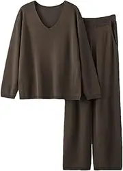 [Generic] Woman Long Sleeve Pullover Sweater Suits Knit Casual Tracksuits V Neck Pullovers And Elastic Pants Two Piece Sets