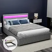Artiss Queen Bed Frame Platform RGB LED Headboard Gas Lift Beds Base with Storage Space Frames Bedroom Room Decor Home Furniture, Upholstered with Grey PVC Leather + Foam + Wood, Modern Design