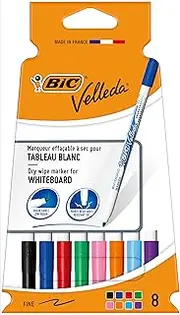 Bic Velleda 1721, Whiteboard Marker Bullet Tip, 1.5mm Line, Assorted Colours, Pack of 8