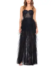 Aqua Strapless Lace Tulle Ruffle Gown - Exclusive