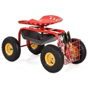 Costway Gardening Stool Cart Metal Garden Rolling Stool Rotatable Seat Adjustable w/Tool Tray Basket Red