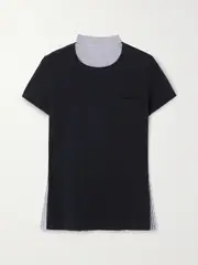 [Sacai] Sacai - Pleated Paneled Cotton-jersey And Striped Poplin T-shirt - Navy - 1 1 Blue