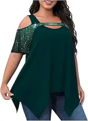 [Generic] Plus Size Women's Cold Shoulder Tunic Tops Sparkly Shirts Tops Hide Belly Summer Short Sleeve Blouses Flowy Tshirts Tees