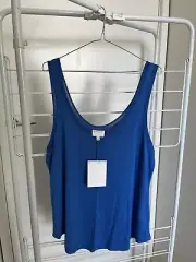 Witchery Top Size L Blue Linen Blend Knit Singlet Tank Scoop Neck RRP $49.95