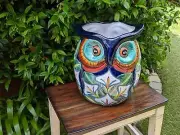 Gorgeous 14" Owl Flower Pot, Talavera Ceramic Planter, Handmade Pottery