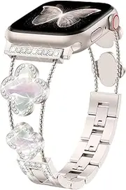 [Ouwegaga] Four-leaf Clover Bands Compatible with Apple Watch Band 38mm 40mm 41mm 42mm, Sparkling Diamond Metal Strap Replacement for iWatch Series 10 9 8 7 6 5 4 3 2 1 SE Women, Multi Colors