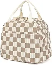 Corduroy Lunch Box for Women Girls, Cooler Lunch Bags Reusable Insulated Lunchbox for Picnic School Work Travel (Checkered Brown)