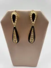 CHRISTIAN DIOR Vtg Crystal Black/Gold Teardrop 14kt Post Earrings New Old Stock