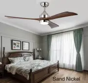 52" Inch Sand Nickel Ceiling Fan w LED Light, Solid Wood Blade, DC Motor, Remote