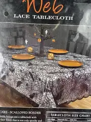 NWT Halloween Spider Web Tablecloth 60 “ X 104” With Scalloped Edge Black Web