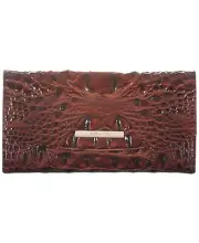 $195 Brahmin Modern Melbourne Embossed Leather Checkbook Brown Shiny Wallet Pen