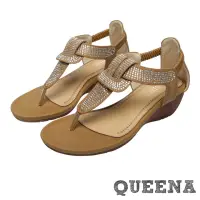 在飛比找momo購物網優惠-【QUEENA】美鑽繩結燙鑽T字時尚舒適坡跟夾腳涼鞋(棕)