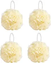 Loofah Exfoliating Shower Mesh Brush - Bath Spa Puff Scrubber Ball - Face Body poof Cleaner - Rich Foams Bubble (Beige, Set of 4)