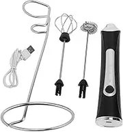 Rechargeable Milk Frother Wand, Electric Drink Mixer with 2 Replaceable Heads, 3 Speeds for Creamy Foam, Stand for Coffee, Hot Chocolate