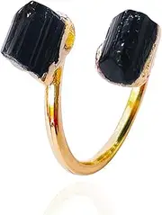[SUCHUANGUANG] Irregular Black Tourmaline Rough Stone Open Ring, Golden Handmade Finger Jewelry, Adjustable Ring for Women and Men, Black Tourmaline