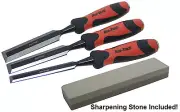 3 Pc Wood Chisel Set Chrome & Sharpening Stone Woodwork Carpenter Professional