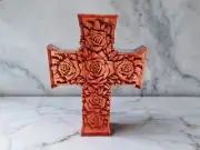 Christian Floral Rose Carved Cross - Australian Made - Jarrah Hardwood - NEW