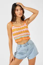 Orange Stripe Knit Singlet Sleeveless Scoop Neck Crochet - Size M, Women's Crop Knitted