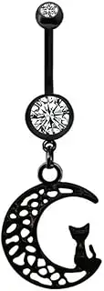 [Niaspi] 14G Moon Cat Dangle Belly Button Bars Rings for Women Unisex Stainless Steel CZ Bezel Black Enamel Kitten Moon Belly Navel Rings Vintage Halloween Statement Body Piercing Belly Barbell Jewelry Gifts,