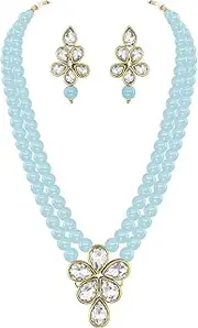 [Aheli] Kundan & Beads Studded 2 Sky Blue Layer Necklace & Earrings Set Ethnic Jewellery for Women, One Size, Metal, No Gemstone
