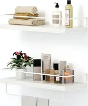 Shario Floating Shelves - Set of 2, Wall Mounted Hanging Shelves with White Towel Rack, Decorative Storage Shelves for Bathroom, Kitchen, Living Room & Bedroom (Rustic White)