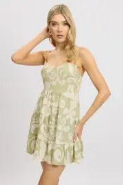 Green Abstract Mini Dress Tiered Strappy - Size 16XL, Women's Skater Dress