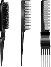 3 Pieces Pick Teasing Combs Hair Brush Set Includes Black Carbon Lift Teasing Combs with Metal Prong, Triple Pin Rat Tail Comb, Nylon Bristle Hair Comb Brush for Women (Black)