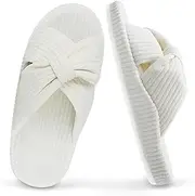 [MAJOALLURE] Women's Cozy Memory Foam Arch Support House Slippers Ladies Orthopedic Crossband Open Toe Home Bedroom Bed Slippers for Plantar Fasciitis Fluffy Corduroy Bow Slide Indoor Outdoor