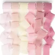 Pink Chiffon Ribbon 1 Inch x 3Yds Pastel Pink/Peach/Cream/Blushing Rose/Dusty Rose/Rosy Mauve Handmade Fringe Chiffon Silk Ribbon for Wedding Invitation Flower Bouquets Gift Wrapping Bridal Shower