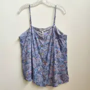 Pink Rose Blue Floral Spaghetti Strap Cami Top Blouse Women Size Large Button Up
