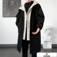 在飛比找Yahoo!奇摩拍賣優惠-風衣男中長款黑色英倫風大衣秋季連帽披風上衣韓版潮流假兩件外套