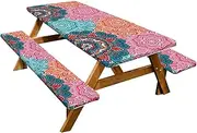 Picnic Table Covers with Elastic Band, Picnic Table Bench Cover - Waterproof Camping Tablecloth Set | Camping Gear Picnic Bench Cover Set for Outdoor and Camping