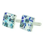Murano Glass Cufflinks Silver Blue Millefiori Pair Square