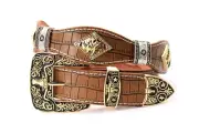 West Belt Brown Silver Bullrider Gold Concho Crocodile Size 34 Cinto Vaquero