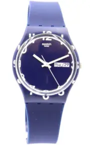 New Swiss Swatch Originals OVER BLUE Silicone Day-Date Watch 34mm GN726 $75