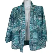 Chico's Women’s Blue Linen Open Front Top Shirt Jacket Beaded Size 1 Medium