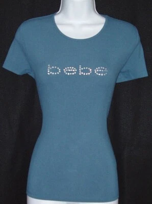 BEBE WOMEN'S SWAROVSKI CRYSTAL RHINESTONE LOGO TEAL TOP STRETCHY SIZE XL NWT