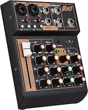 Audio Mixer Portable 4 Channel DJ Mixer Console Sound Mixing Board USB BT 48V Phan Power 3-Band EQ Loop Knob Console Live Performances Studio Party Black
