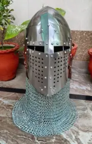 Medieval Viking Chainmail Helmet Bascinet Hemet Barbate Silver Steel Helmet