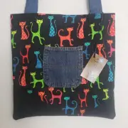 Tammy D's Recycled Blue Jean Denim Rainbow Cat Tote Bag