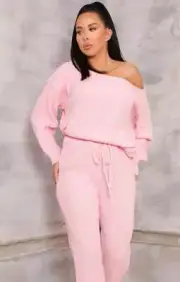 LADIES WOMENS PINK OFF THE SHOULDER RIBBED KNITTED LOUNGEWEAR SET