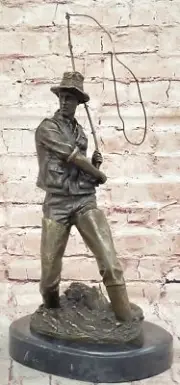 Collectible Handcrafted Fisherman Sportsman Trophy Bronze Sculpture Statue Deal
