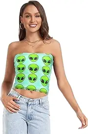 [RPLIFE] Green Alien Heads Crop Tube Top Sheer Tube Tops, Strapless Top Women, Summer Clothing (S)